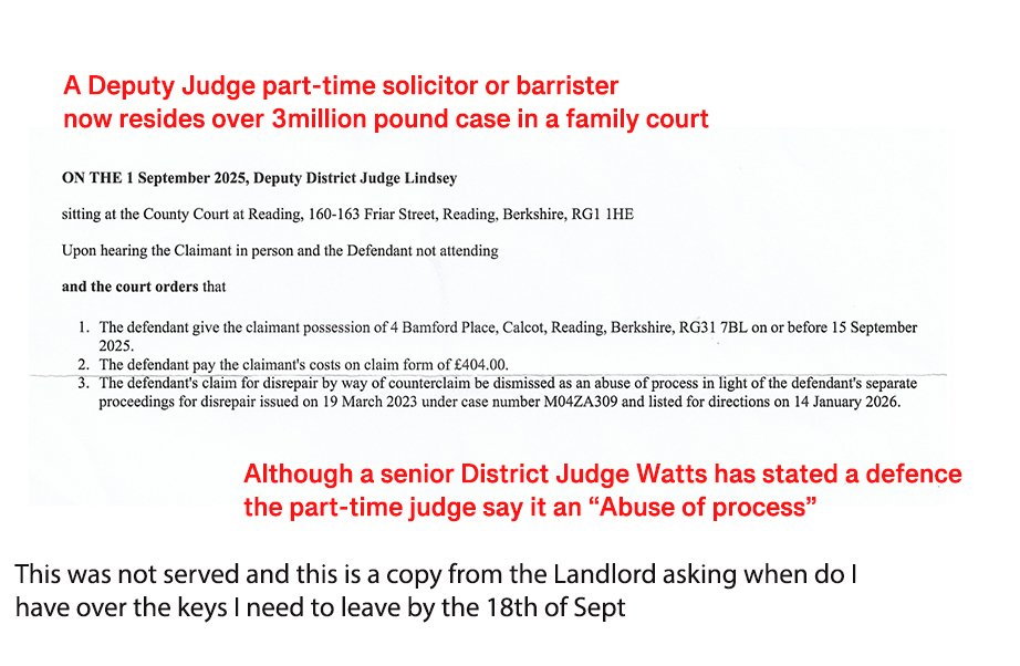 Subsequent Possession Order by Deputy District Judge  A later order issued by a Deputy District Judge at Reading County Court.  The Defendant did not attend.  The order:  Grants possession,  Awards costs,  Dismisses the disrepair counterclaim as an “abuse of process”.  This dismissal directly contradicts:  the earlier order acknowledging a defence, and  the existence of an active civil claim M04ZA309 already listed for directions.  What this image proves  Judicial contradiction within the same proceedings.  A defence previously accepted was later ignored or erased.