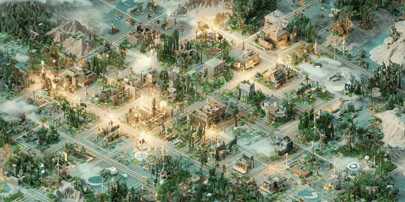 ECO wireless energy nodes in suburban area, wind turbine amongst forrest dense, with communities below, blending into the natural environment