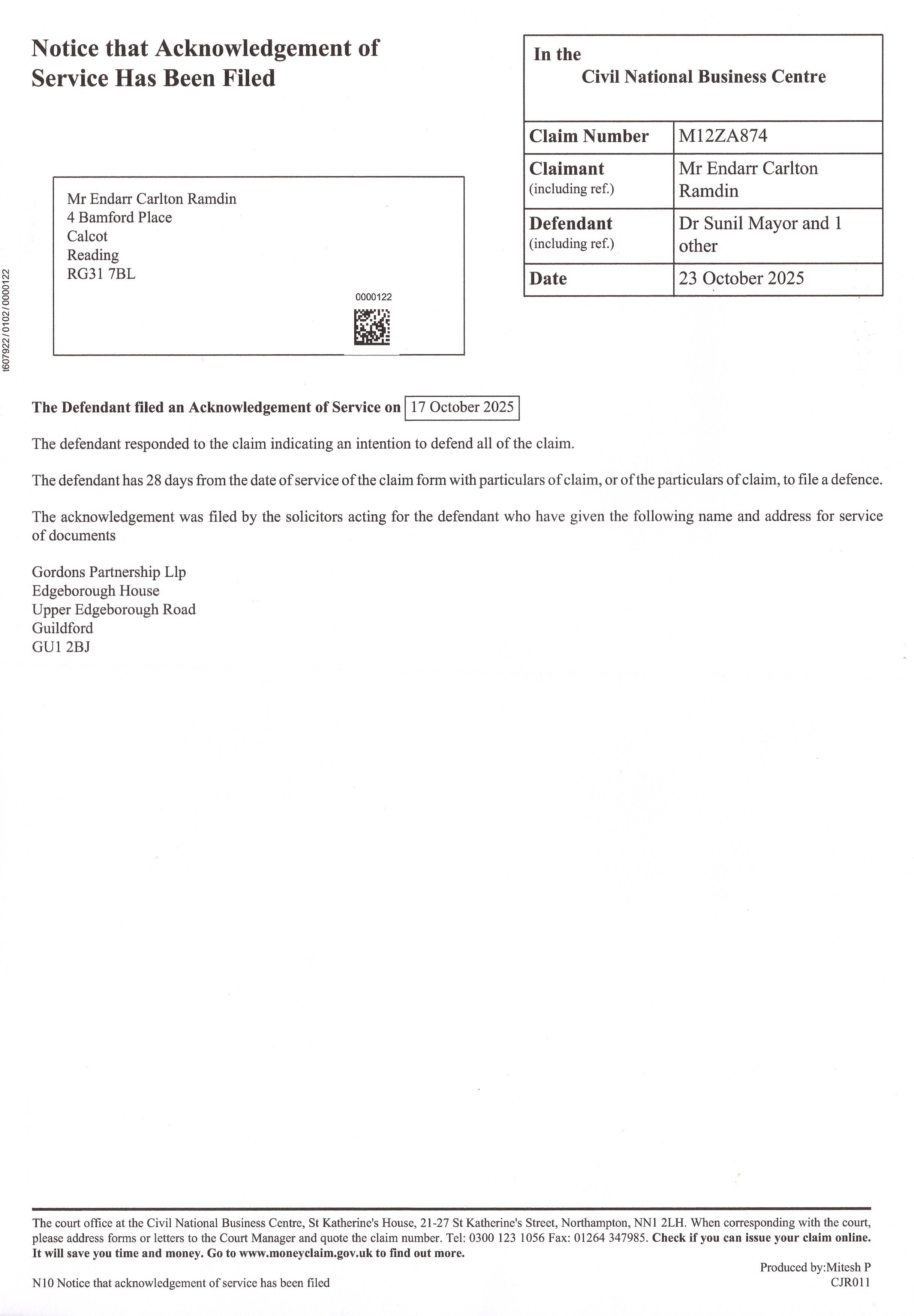 EX01	Acknowledgment of Service (AoS)	Envelope-1-CNBC-Notice-October2025.jpeg	Defendant formally indicated intention to defend CPR Part 10; CPR r.15.4 (timetable triggered)