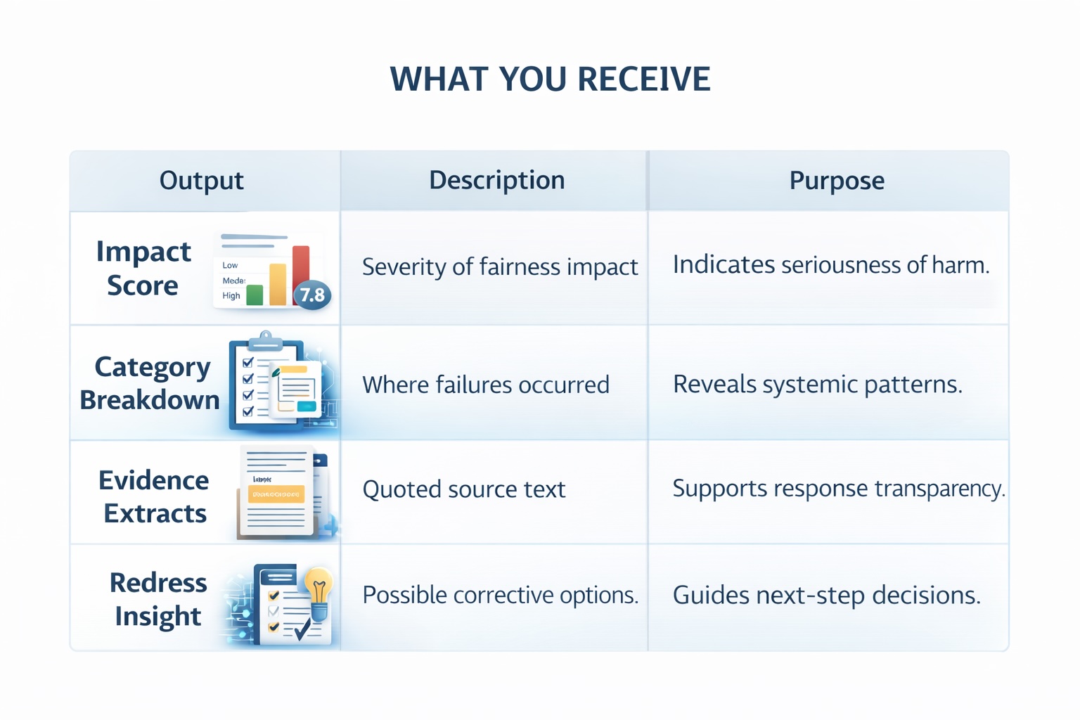 Table summarizing AI analysis outputs: Impact Score, Category Breakdown, Evidence Extracts, Redress Insight.