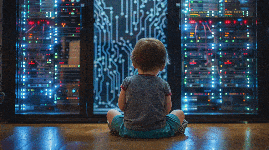 tiny 18 month toddler learning language naturally in living room, contrasted with massive industrial AI supercomputer facility, huge server halls, engineers, cooling towers, power infrastructure, dramatic scale difference, asymmetric comparison, human vs artificial intelligence learning, documentary style, ultra realistic