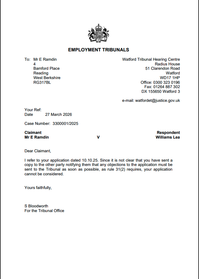 Tribunal Rule 31(2) Letter Tribunal service objection correspondence