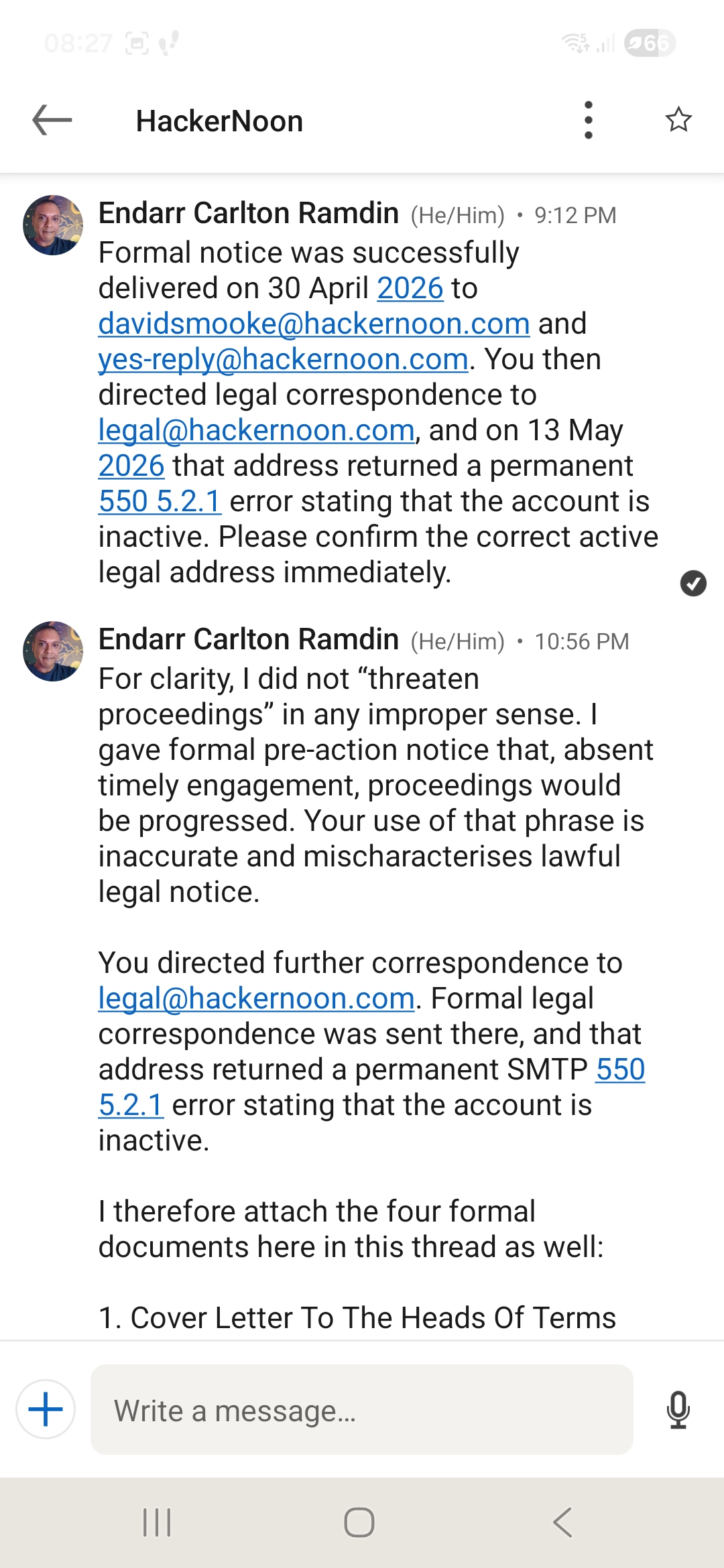 Claimant’s Direct Message Response Recording Inactive Legal Email and Mischaracterisation of Lawful Notice