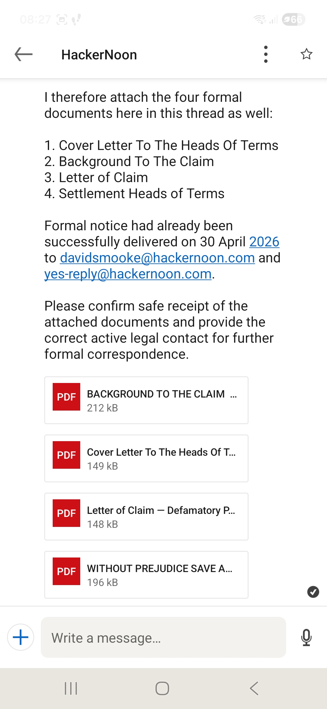LinkedIn Direct Message Thread Showing Attachment of Four Formal PDFs