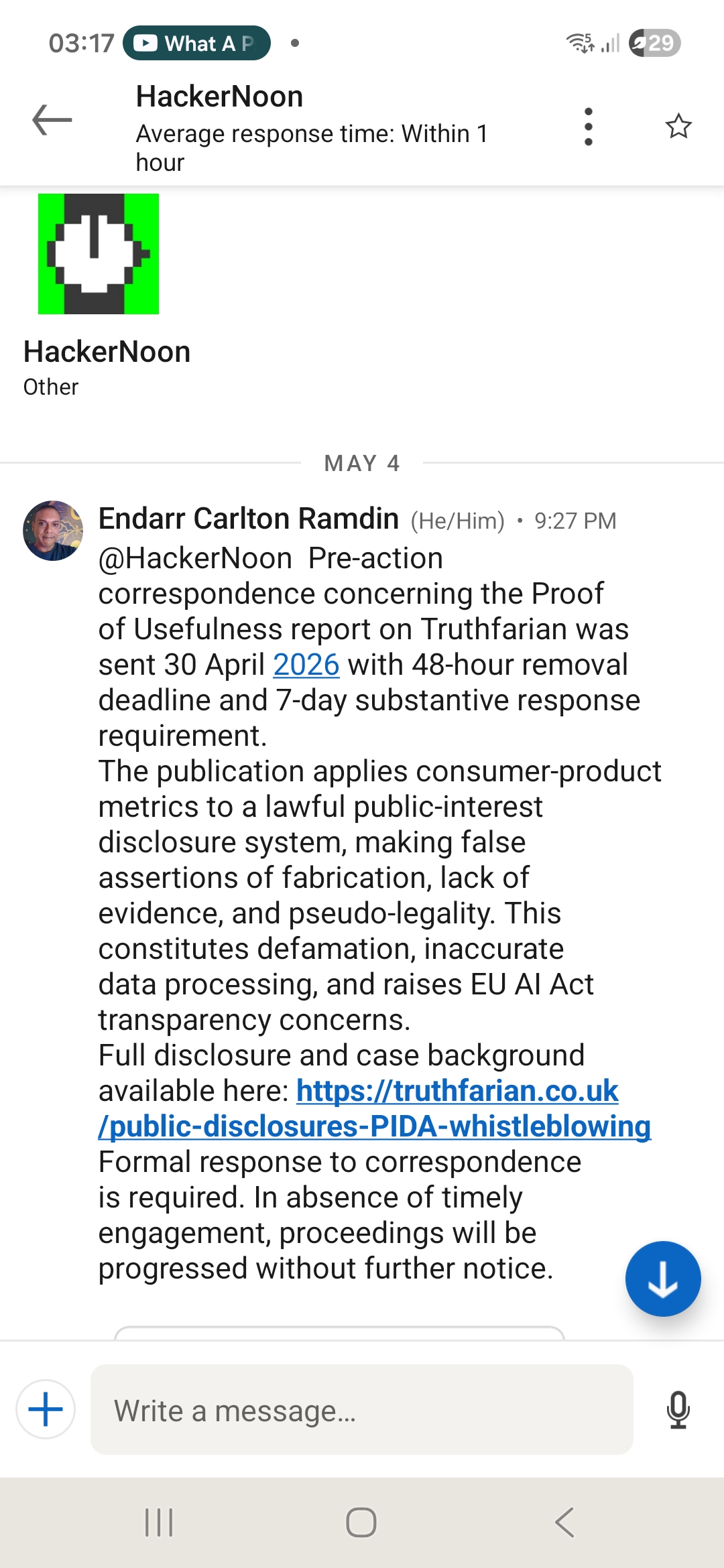 LinkedIn Direct Message Notice of 4 May 2026