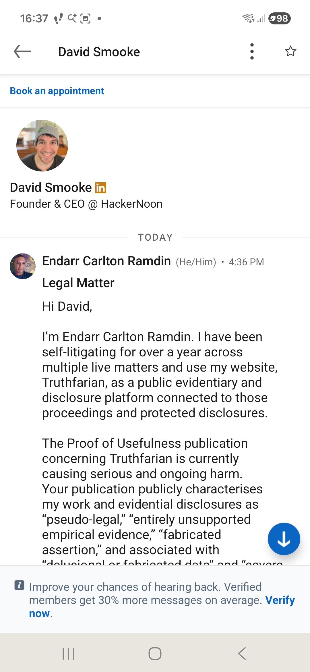 LinkedIn Direct Message Thread Showing Attachment of Four Formal PDFs
