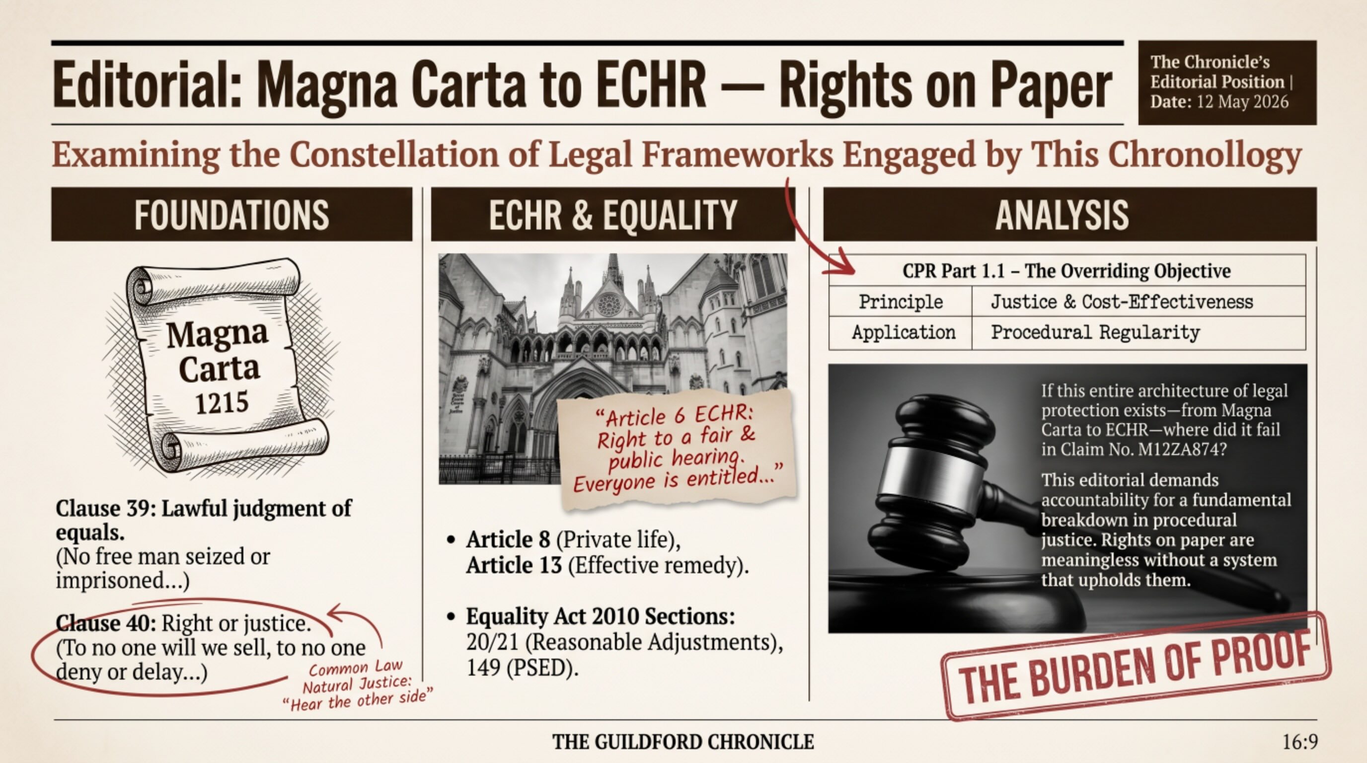 Figure 4. Constitutional Framework Escalation Model Showing Historical-to-Modern Legal Architecture Engaged by the Procedural Chronology in Claim M12ZA874.This figure visualises the progression from foundational constitutional principles through modern equality and procedural frameworks engaged by the chronology under review. The model begins with Magna Carta Clauses 39 and 40 concerning lawful judgment, due process, and prohibition against denial or delay of justice, principles which remain foundational within modern constitutional architecture.  
The figure then maps these principles into modern rights frameworks including Article 6 (fair hearing), Article 8 (private life), Article 13 (effective remedy), Equality Act 2010 duties, and procedural obligations under CPR Part 1.1. The analysis section illustrates the relationship between constitutional protections existing in theory and the chronology under examination, specifically where notification chronology, hearing visibility chronology, participation chronology, and procedural regularity chronology are alleged to diverge from those protections.