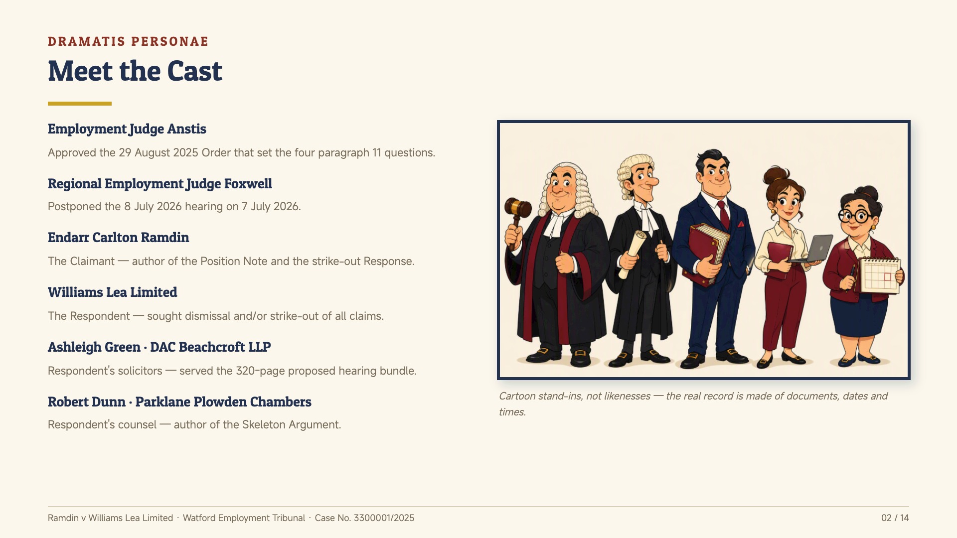 The Hearing Postponed Before It Began — Ramdin v Williams Lea (Cartoon Courtroom Briefing) – slide 2