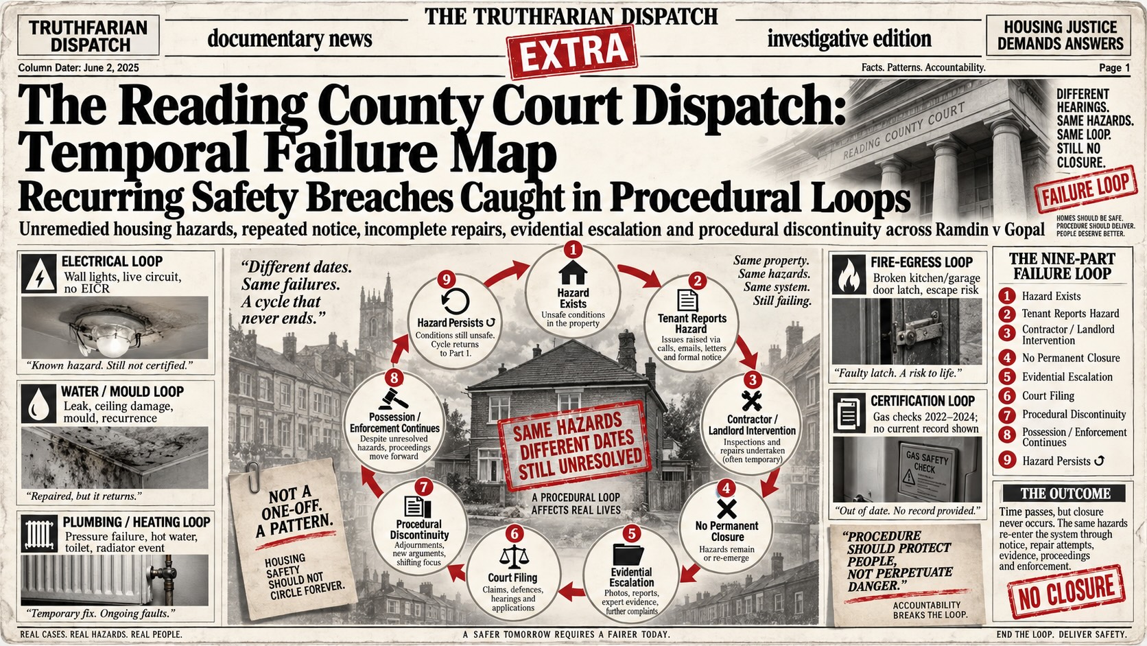 The graphic maps a recurring nine-stage cycle across *Ramdin v Gopal*: housing hazard, tenant notice, landlord or contractor intervention, absence of permanent remediation, evidential escalation, court filing, procedural discontinuity, continuing possession or enforcement activity, and recurrence of the original hazard. Surrounding panels identify the electrical, water and mould, plumbing and heating, fire-egress, and statutory-certification failures forming the underlying safety record. The visual demonstrates the disclosure’s central structural finding: different dates and procedural stages repeatedly return to the same unresolved hazards, producing a temporal failure loop rather than effective closure