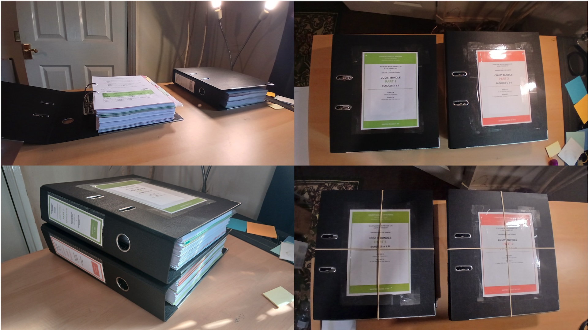 Completed two-part consolidated Court bundle. The finished lever-arch files show Part 1 — Bundles A and B and Part 2 — Bundles C and D, together forming one complete continuously paginated record from pages 1–915, before final packaging and dispatch.