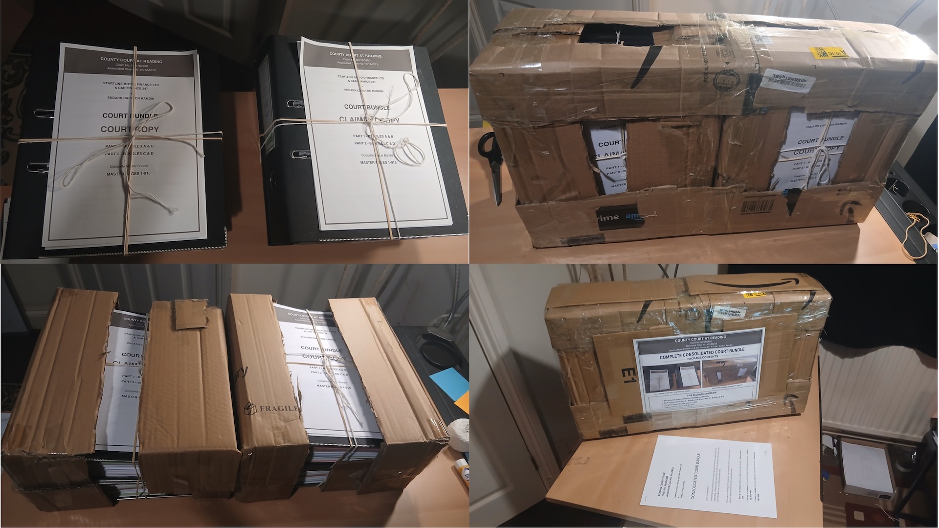 Physical protection and packaging of the completed Court copy. The two lever-arch files comprising Parts 1 and 2 are shown secured, reinforced with cardboard protection and progressively enclosed for transport, evidencing the physical preparation of the 915-page Court bundle for dispatch.