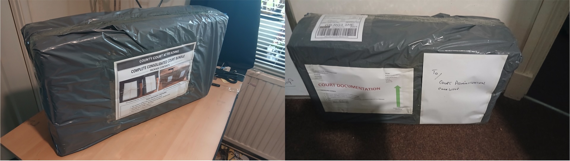 Completed court bundle packaged for dispatch. The consolidated lever-arch bundle is shown sealed within its outer protective wrapping and marked for Court Administration, documenting the final packaging stage before delivery of the Court copy.