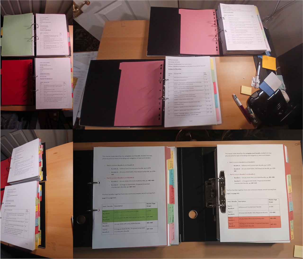 Reconstruction and indexing of the consolidated evidential record. Photographic record showing the physical reconciliation of the application materials, internal indexes, master pagination and tabbed sections used to assemble Bundles A–D into a continuous 915-page evidential record.