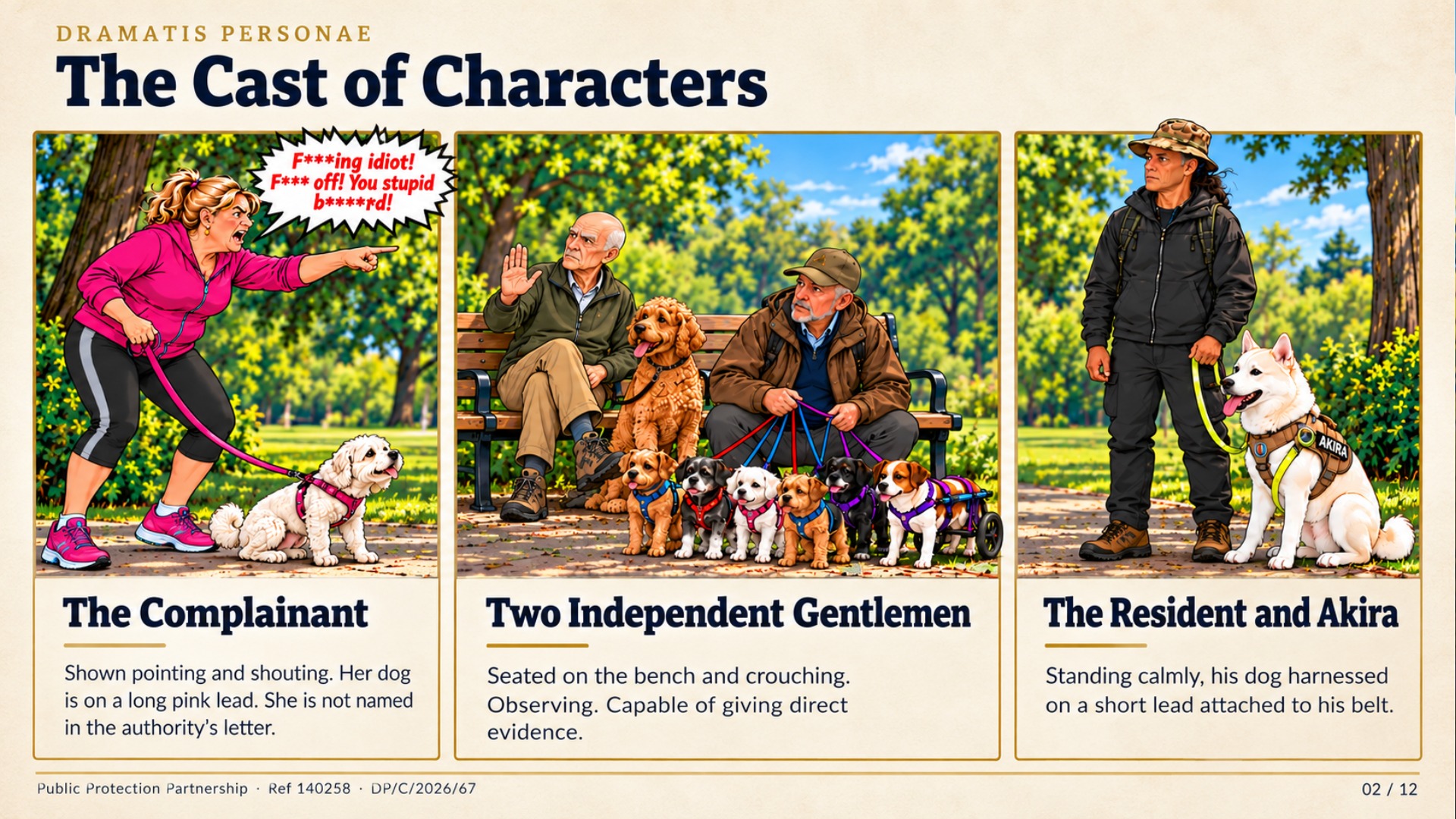 Cast of Characters. Reconstructed visual identifying the principal participants in the originating Linear Park incident: the complainant, two independent gentlemen present during the confrontation, and the resident with Akira. The figure distinguishes the complainant’s conduct and dog from the resident’s position and the independent third parties capable of giving direct evidence.
