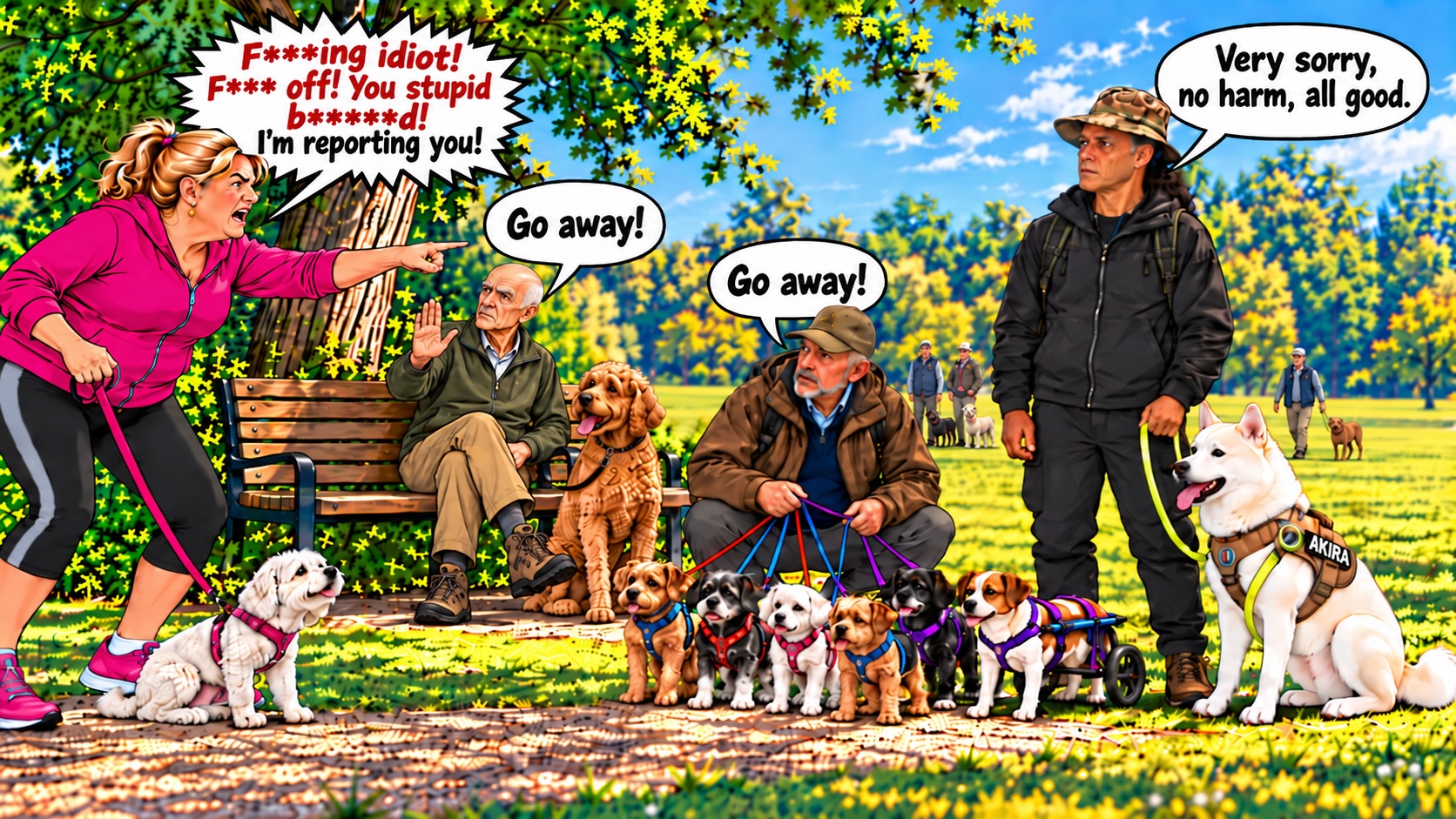 Reconstructed scene of the Linear Park incident illustrating the wider public setting, the complainant’s continued verbal confrontation after the resident had apologised, and the intervention of two independent men telling her to move away. Akira is shown harnessed and physically controlled beside the resident, while other dog walkers remain present nearby. The reconstruction highlights the contrast between the intensity of the confrontation and the absence of any identified photographic, video, veterinary or independent eyewitness evidence substantiating the later allegation of injury.