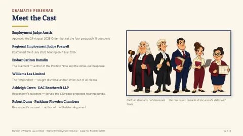 The Hearing Postponed Before It Began — Ramdin v Williams Lea (Cartoon Courtroom Briefing) – slide 2