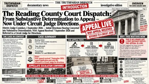 Introductory overview of the disclosure showing how the 1 September 2026 hearing at Reading County Court, formally listed as an Initial Directions Hearing, was converted into substantive determination, and how that challenged procedural sequence has now moved into the appellate stage, with the N161 appeal received on 7 September 2026 and the appeal application and court file referred to a Circuit Judge for directions