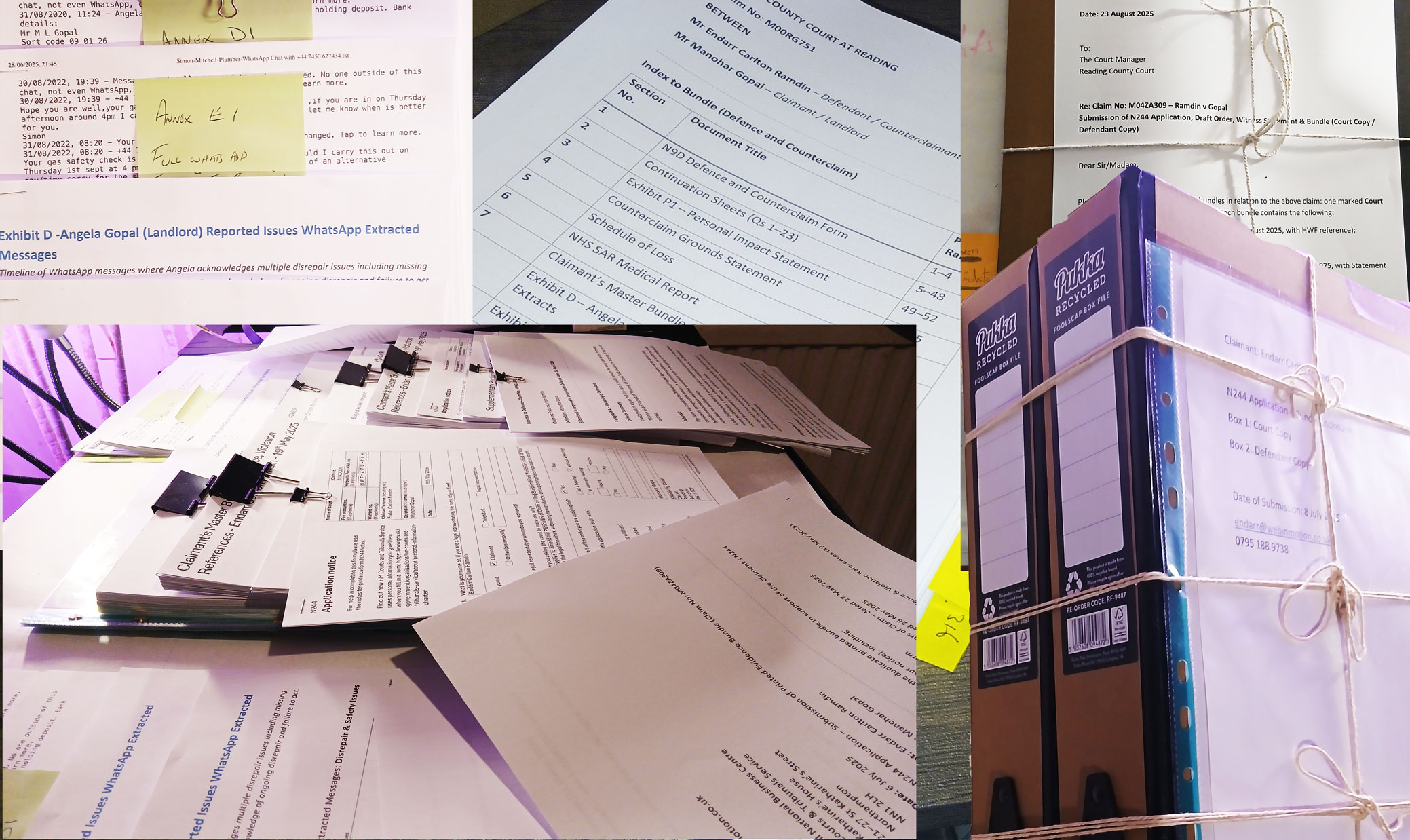 Evidence files and legal bundles stacked on desk