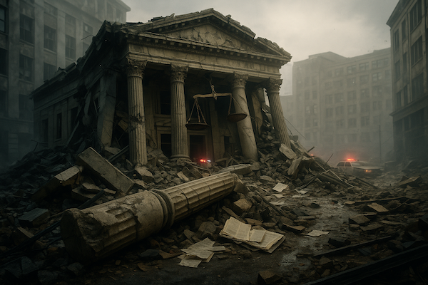 A collapsed civic building symbolising institutional failure